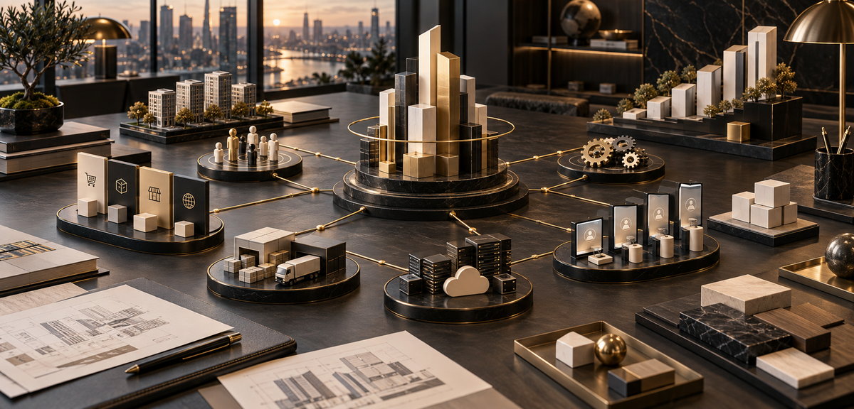 Business model, operational systems, and growth infrastructure arranged in a scalable enterprise framework.