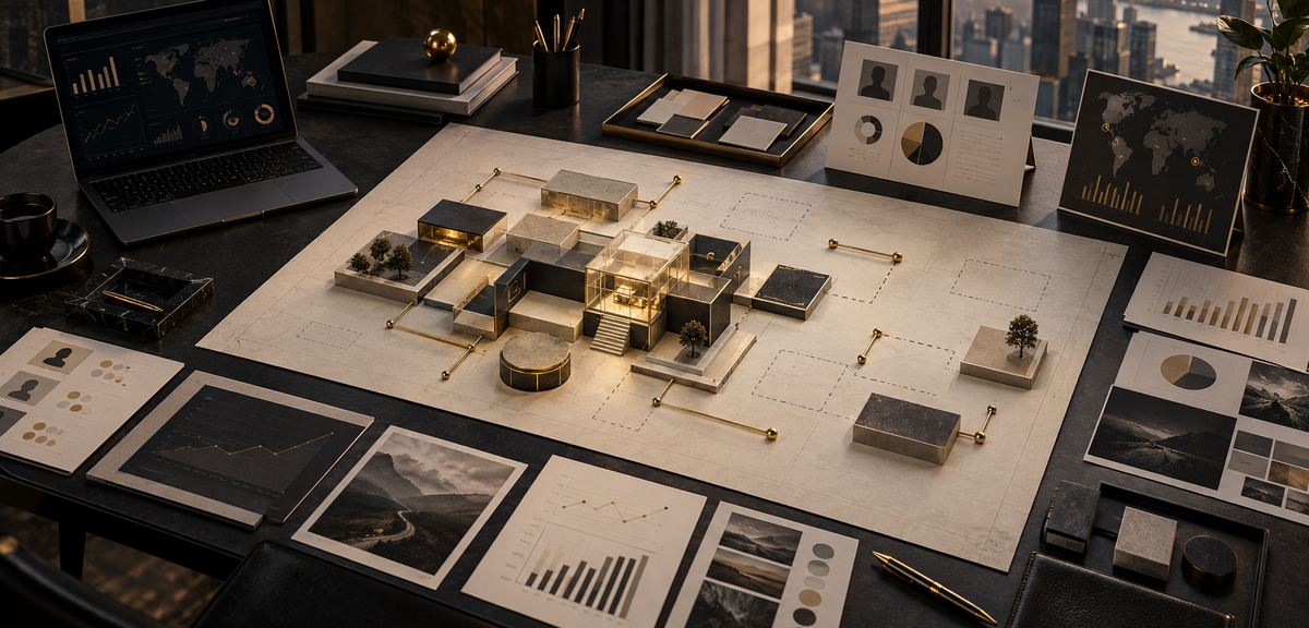 Incomplete enterprise blueprint surrounded by market analysis, customer research, and strategic planning materials.