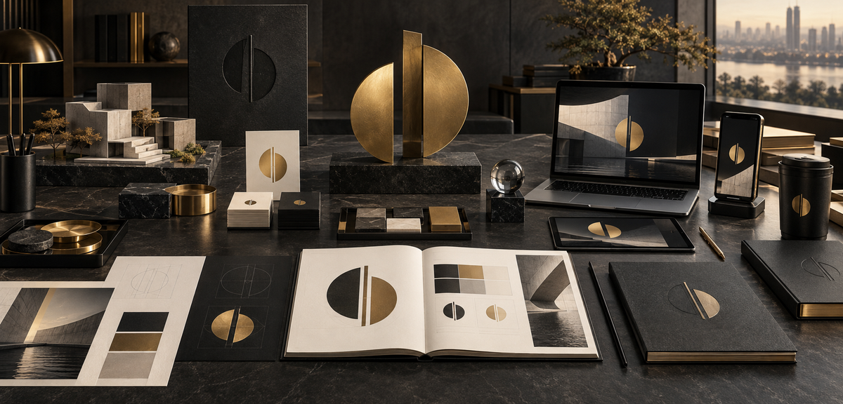 Brand strategy materials, identity applications, and customer touchpoints arranged as a cohesive long-term brand system.