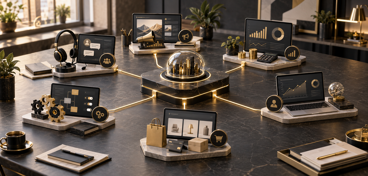 AI-enabled small-business workspace connecting customer service, marketing, operations, financial analysis, and decision-making.